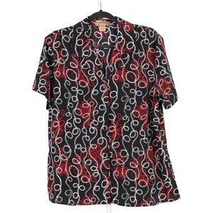 Notations Y2K Button Up Blouse XL Satin Black Red Swirl Short Sleeve Camp VNeck